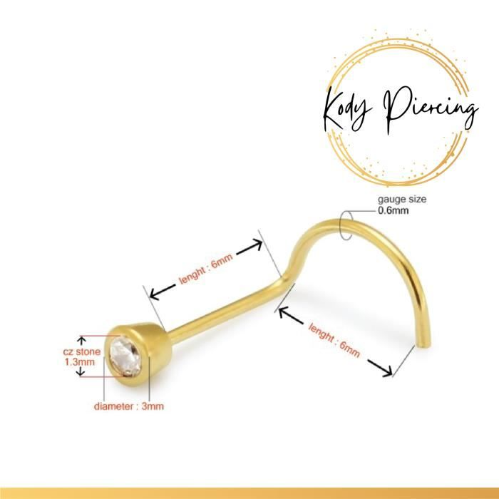 KODY PIERCING Tige Courbée OR Massif 14 Carats et Zircon incrusté de 1,3mm