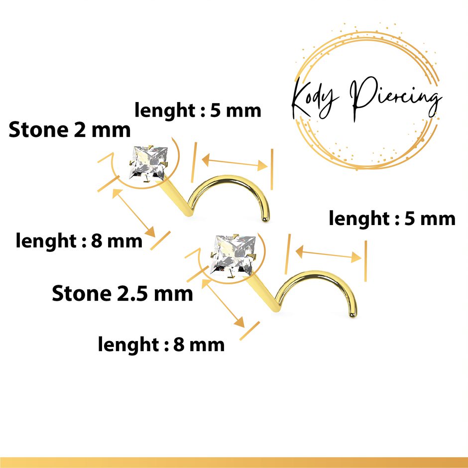 KODY PIERCING Tige Courbée Or 18 Carats & Zircon Carré 2mm Serti | Bijou Élégant