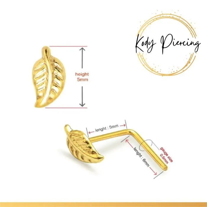 KODY PIERCING Tige en L en Or 9 Carats et Motif Feuille de 5mm