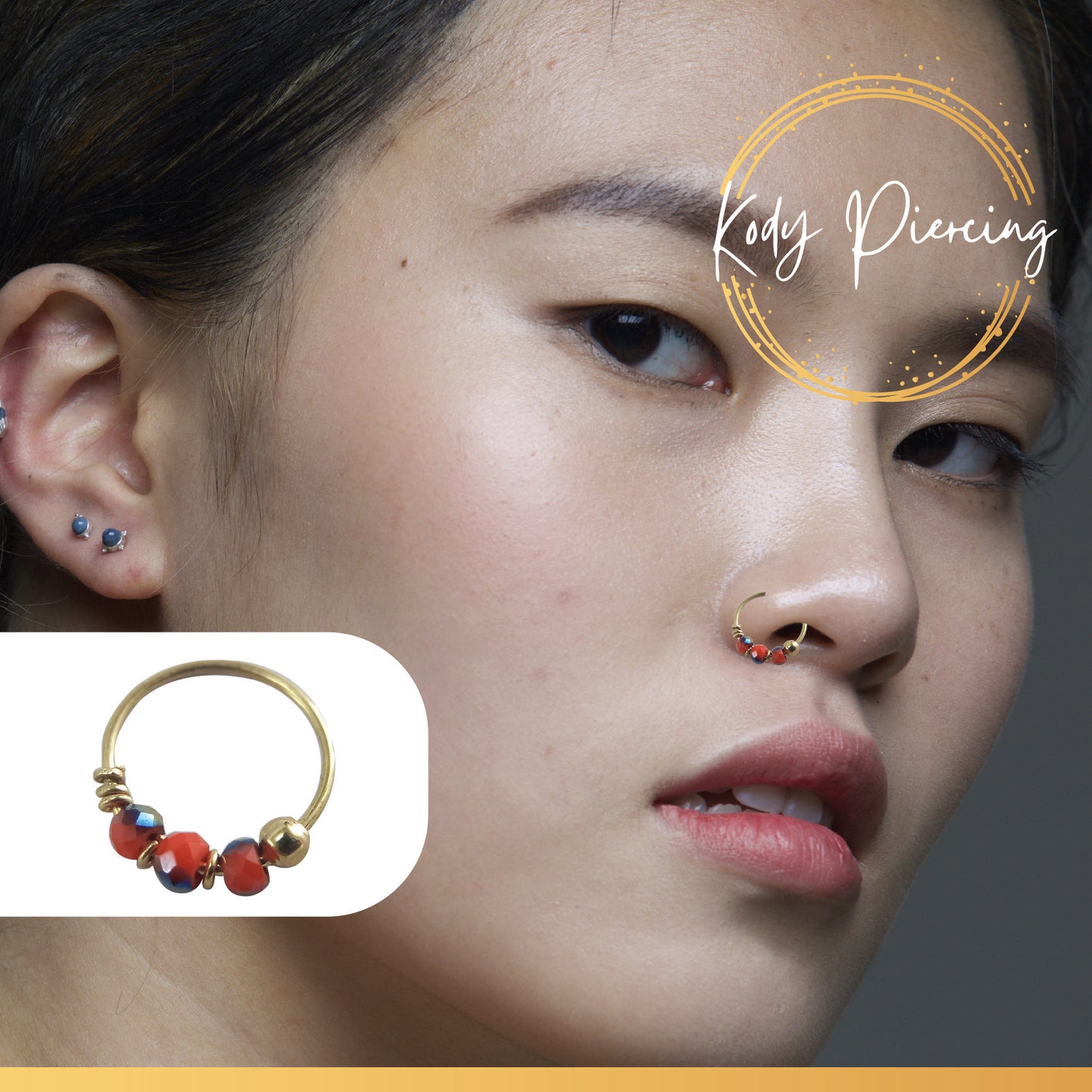 KODY PIERCING Anneau Or 9 carats orné de 3 Pierres - Choisissez votre couleur préféré!