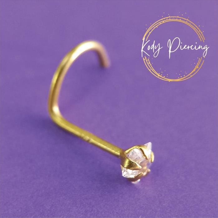KODY PIERCING Tige Courbée OR Massif 14 Carats Orné d'un Zircon Carré de 1,5mm