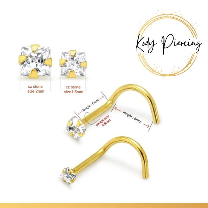 KODY PIERCING Tige Courbée en OR 9 carats Orné d'un Zircon Carré de 1,5mm