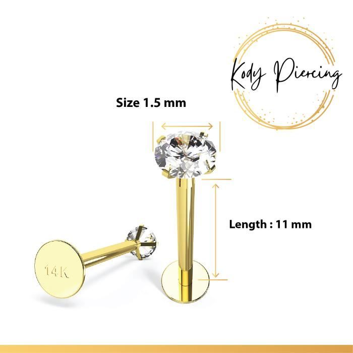 KODY PIERCING Labret Or 14 Carats avec Zircon Serti de 1,5mm