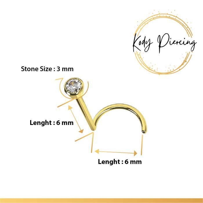 KODY PIERCING Tige Courbée en Or 9 Carats et Zircon Serti de 3mm