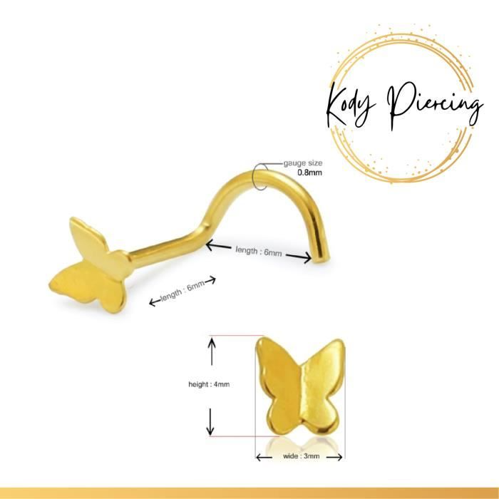 KODY PIERCING Tige Courbée OR Massif 14 Carats Motif Papillon
