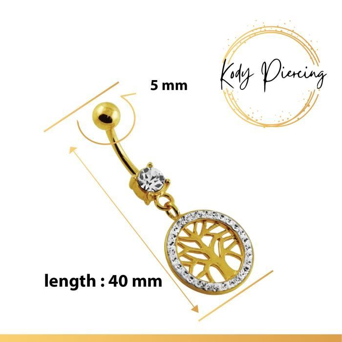 KODY PIERCING Nombril Arbre de Vie Cerclé de Cristaux avec boule lisse - Plaqué Or 18 carats
