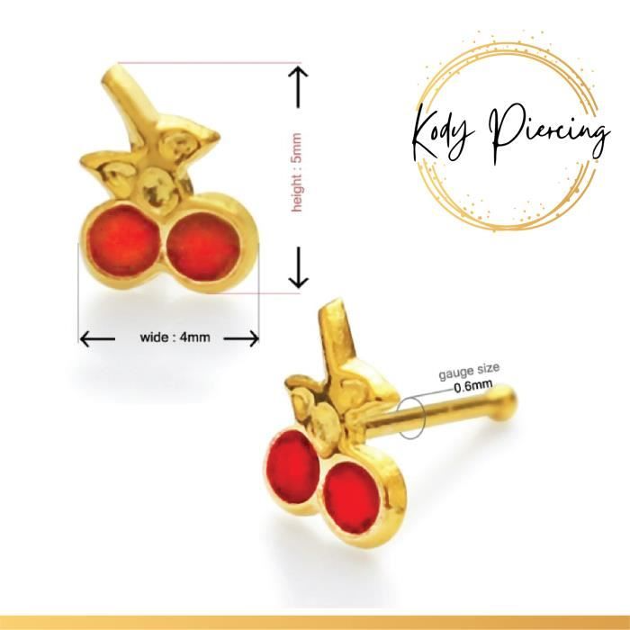 KODY PIERCING Stud en Or 14 Carats et Motif Deux Cerises avec Zircon Rouge Pacha