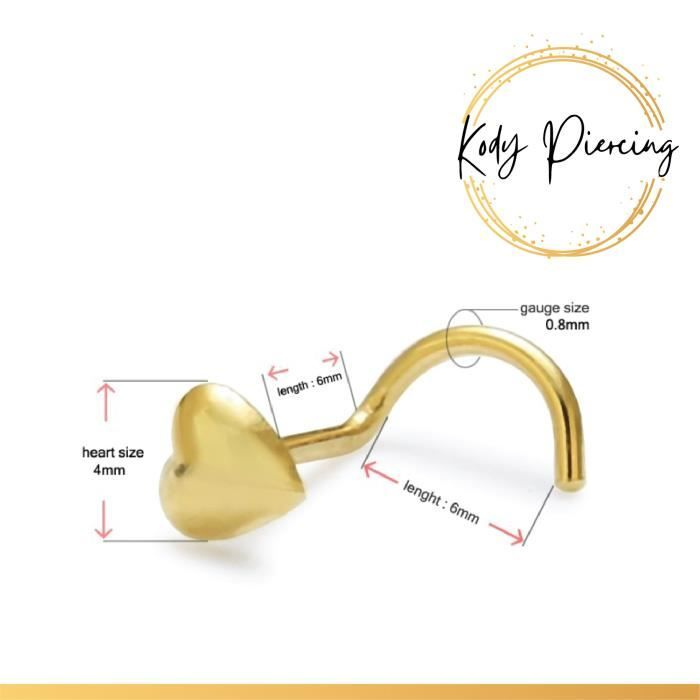 KODY PIERCING Tige Courbée OR Massif 14 Carats Motif Cœur 4mm