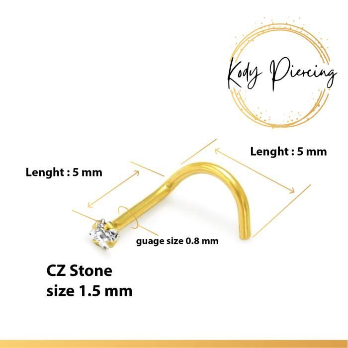 KODY PIERCING Tige Courbée OR Massif 14 Carats Orné d'un Zircon Carré de 1,5mm