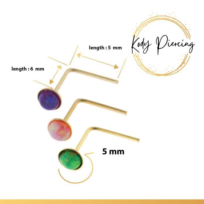 KODY PIERCING Coffret de 3 Pièces Tige L Or jaune 9 Carats et Opale Vert, Rose, Violet de 1,5 mm