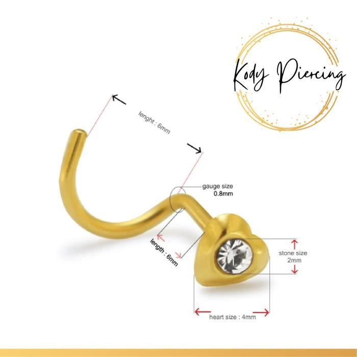 KODY PIERCING Tige Courbée OR 14 Carats Forme Cœur 4mm Orné d'un Zircon