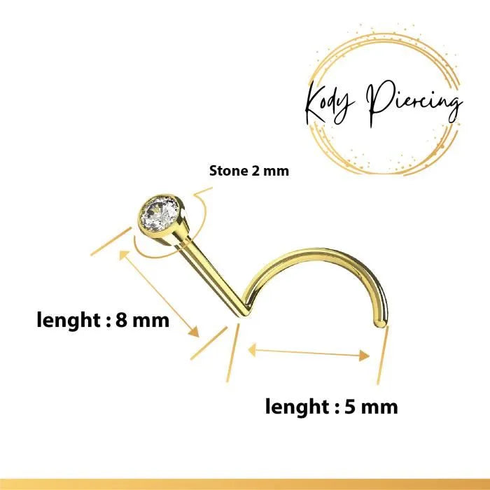 KODY PIERCING Tige Courbée – Or 18 Carats & Zircon Cubique 2mm | Finition Précieuse