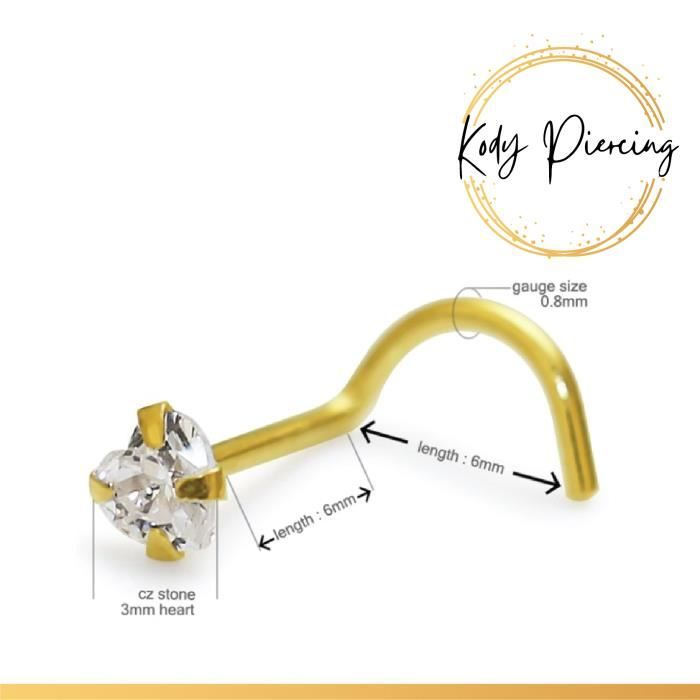KODY PIERCING Tige Courbée OR Massif 14 Carats Motif Cœur en Zircon CZ de 3mm serti