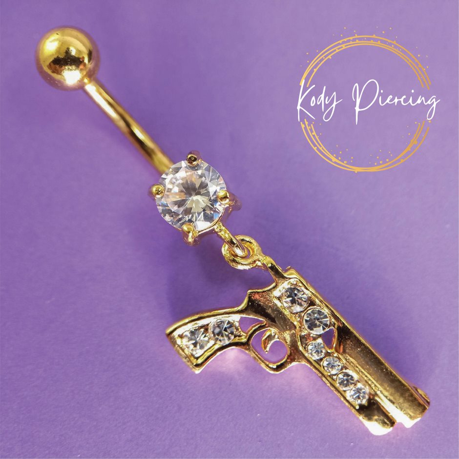 KODY PIERCING Bijou de Nombril Pistolet Colt Plaqué Or incrusté de Zirconium 10mm