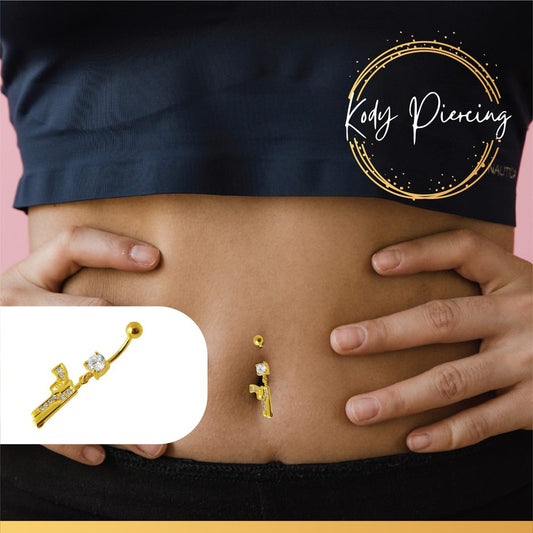 KODY PIERCING Bijou de Nombril Pistolet Colt Plaqué Or incrusté de Zirconium 10mm