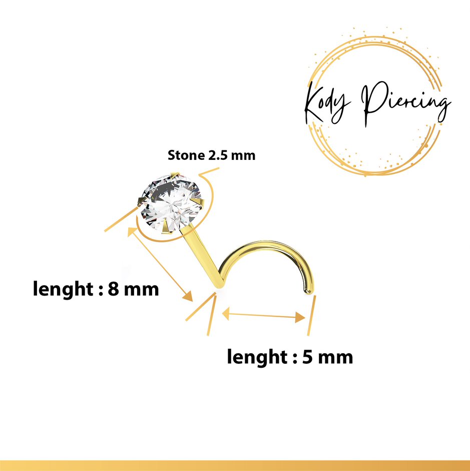KODY PIERCING Tige Courbée OR 18 Carats Et Zircon Rond De 2,5 mm Serti