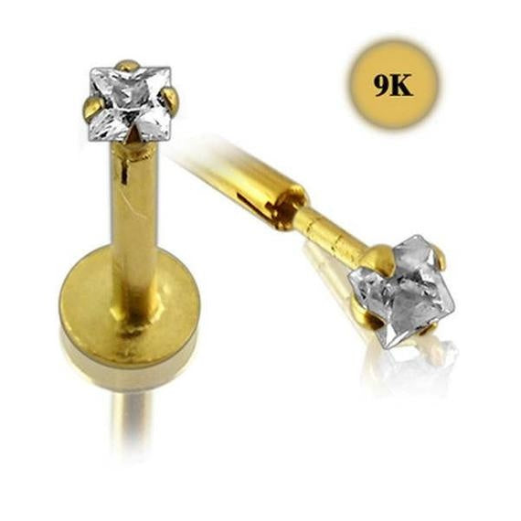 KODY PIERCING Labret Or Jaune Creux 9 Carats et Zircon CZ carré 2mm serti
