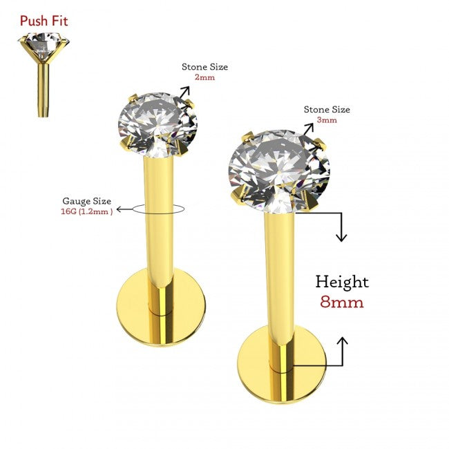 KODY PIERCING Labret Or Creux 9 Carats et Zircon cubique 3mm ou 2mm serti