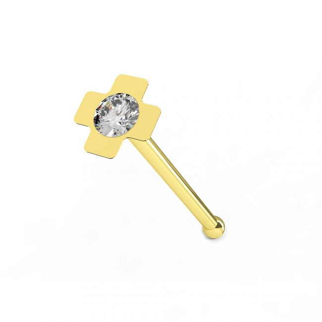 KODY PIERCING Stud Or 9 Carats Croix avec Cristal Serti