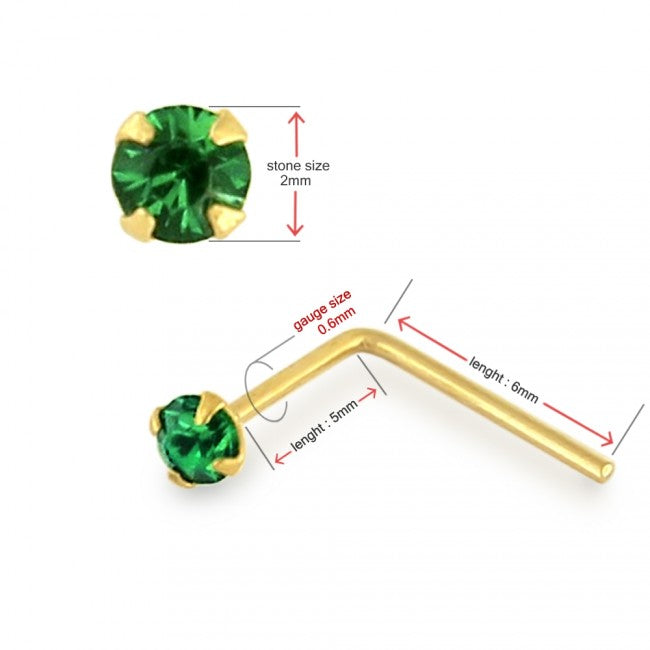KODY PIERCING Tige L en Or 9 Carats et Zircon Vert Emeraude 2mm