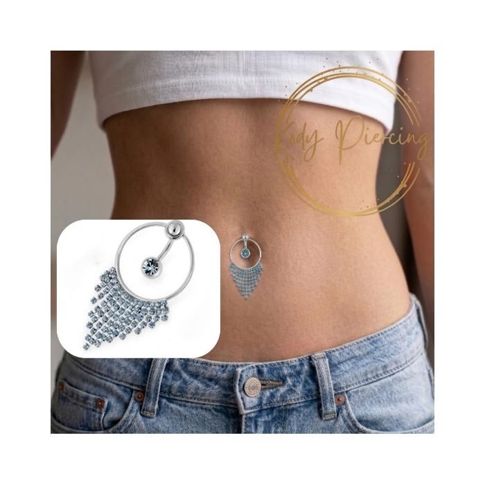 KODY PIERCING Piercing Nombril Anneau Cercle Franges Strass Bleu Aqua - Bijou Corps Cascade Joaillerie 316L