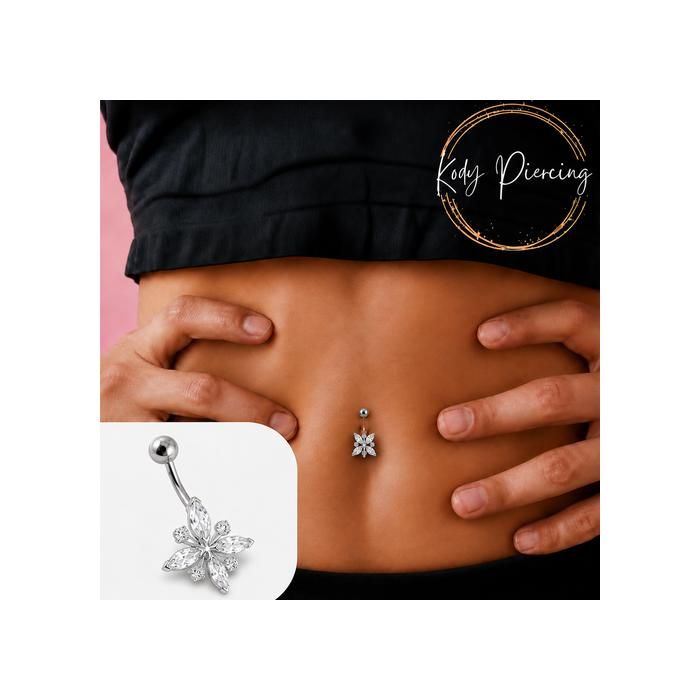 KODY PIERCING Nombril Fleur Cristal Clair Argent & Acier - Pureté Lumineuse et Élégance Éclatante
