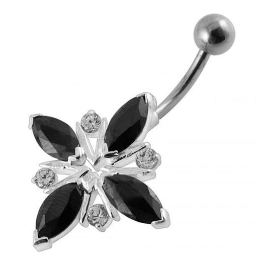 KODY PIERCING Piercing Nombril Banane Fleur Étoilée Cristaux Noirs Navette Argent 925 Mystérieux 10mm