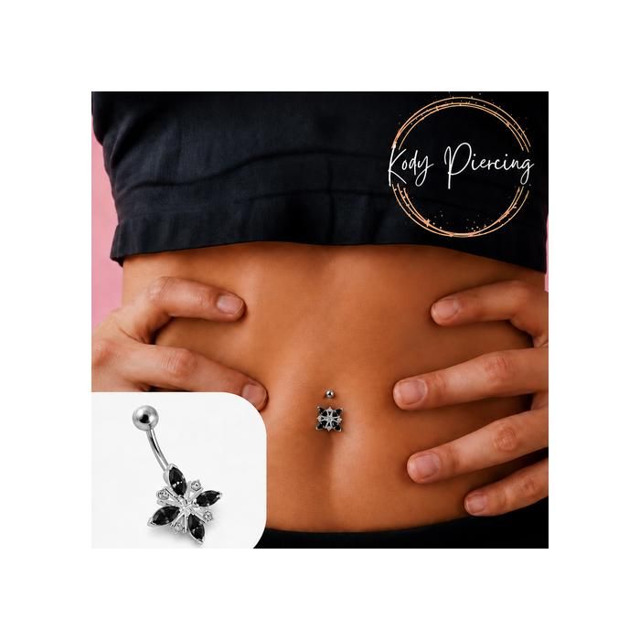 KODY PIERCING Piercing Nombril Banane Fleur Étoilée Cristaux Noirs Navette Argent 925 Mystérieux 10mm