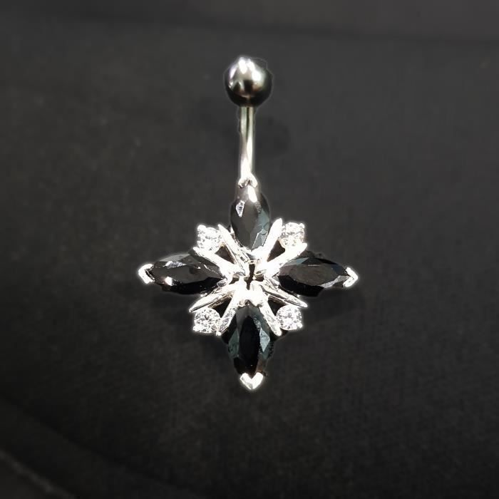 KODY PIERCING Piercing Nombril Banane Fleur Étoilée Cristaux Noirs Navette Argent 925 Mystérieux 10mm