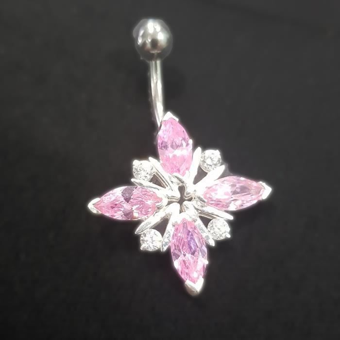 KODY PIERCING Nombril Fleur Cristal Rose Argent & Acier - Romance Lumineuse et Élégance Féminine