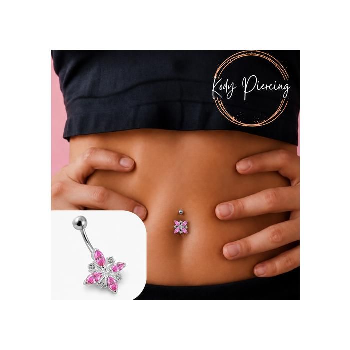 KODY PIERCING Nombril Fleur Cristal Rose Argent & Acier - Romance Lumineuse et Élégance Féminine