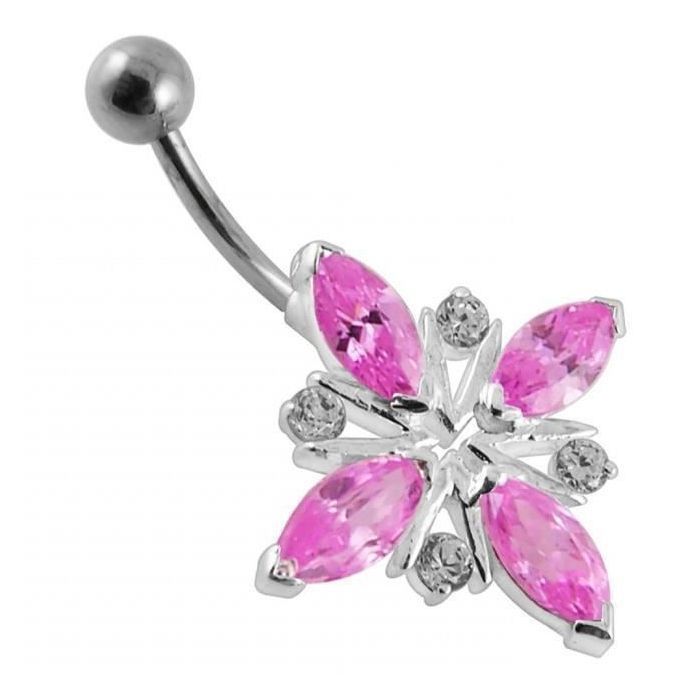 KODY PIERCING Nombril Fleur Cristal Rose Argent & Acier - Romance Lumineuse et Élégance Féminine