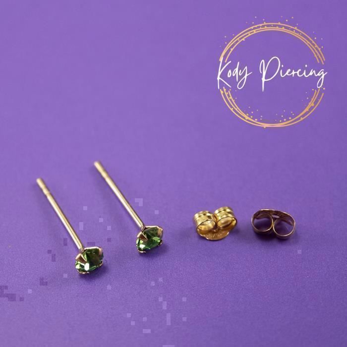 KODY PIERCING Boucles d'Oreille Or 9 Carats Cristal Vert 3mm Serti - Douceur Romantique et Éclat Intemporel