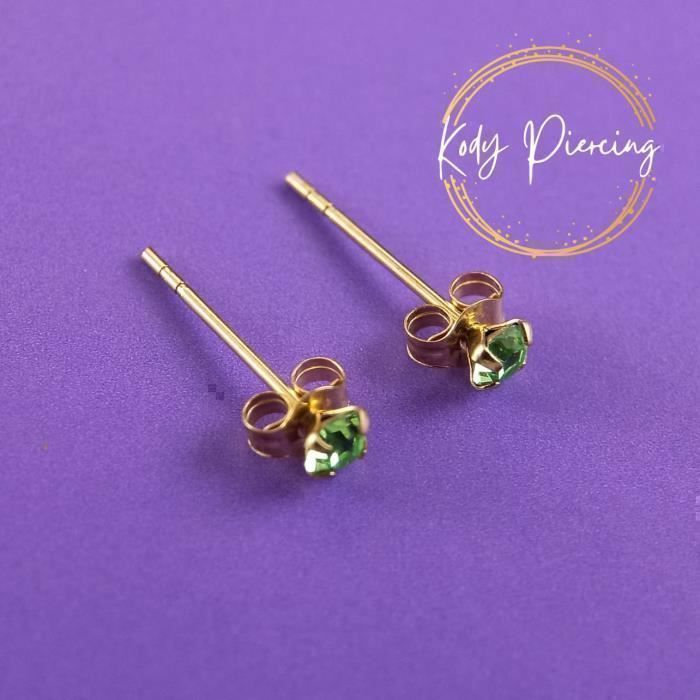 KODY PIERCING Boucles d'Oreille Or 9 Carats Cristal Vert 3mm Serti - Douceur Romantique et Éclat Intemporel