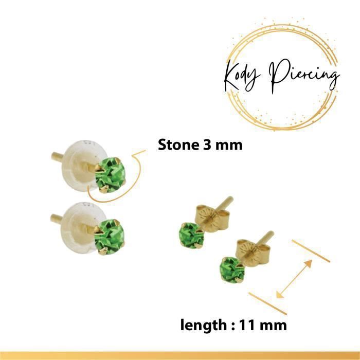 KODY PIERCING Boucles d'Oreille Or 9 Carats Cristal Vert 3mm Serti - Douceur Romantique et Éclat Intemporel
