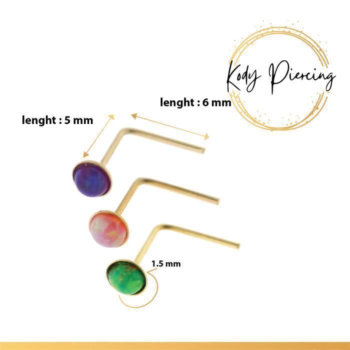 KODY PIERCING Coffret 3 Piercings Nez Or 9 Carats Opales Vert Rose Violet Tige L 5/6 mm - Éclat Iridescent et Douceur Bo