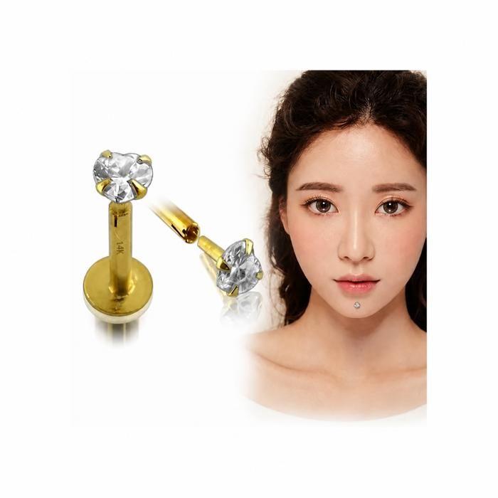 KODY PIERCING Labret Or 14 Carats avec Zircon Serti en forme de Cœur de 3mm - Brillance Raffinée et Douceur Romantique