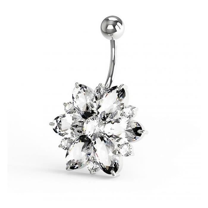 KODY PIERCING Nombril Fleur Zirconium Blanc Acier Chirurgical 14 Gauge - Pureté Cristalline et Grâce Souveraine