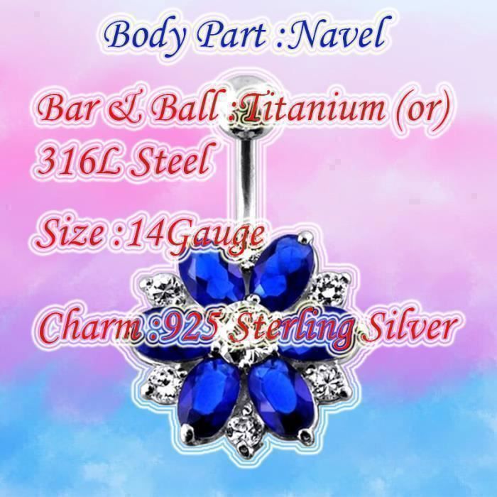 KODY PIERCING Nombril Fleur Zirconium Bleu Marine Acier Chirurgical 14 Gauge - Élégance Poétique et Légèreté Absolue