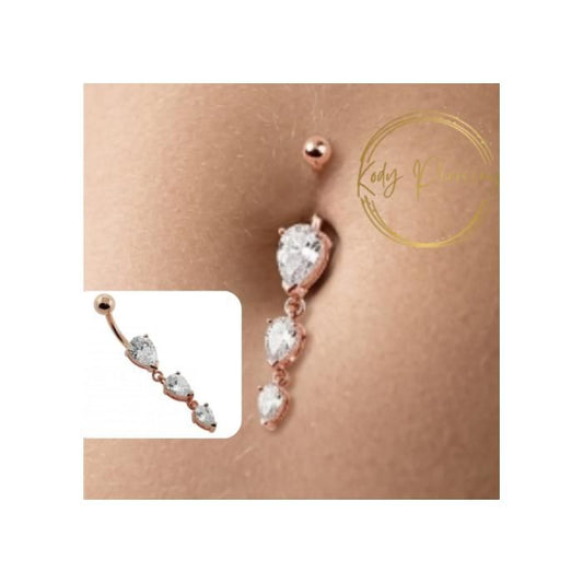 KODY PIERCING Piercing Nombril Pendentif 3 Zircons Larme Plaqué Or Rose Acier – Douceur Romantique et Éclat Intemporel