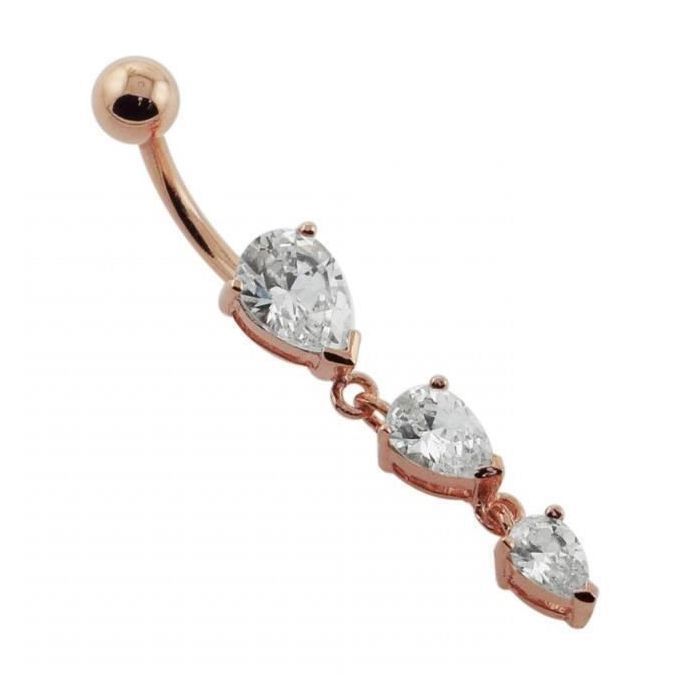 KODY PIERCING Piercing Nombril Pendentif 3 Zircons Larme Plaqué Or Rose Acier – Douceur Romantique et Éclat Intemporel