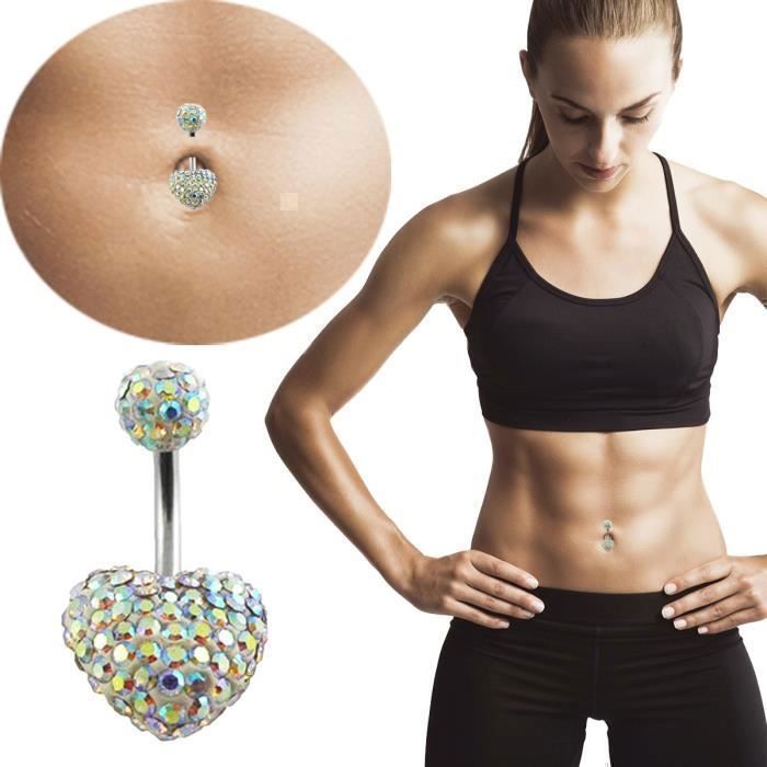 KODY PIERCING Piercing Nombril Cœur Cristal Aurora Borealis Pavé Boule Cristal Acier – Pureté Cristalline et Éclat Féeri