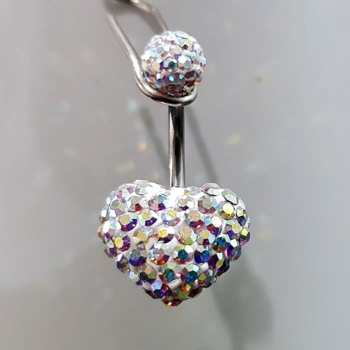 KODY PIERCING Piercing Nombril Cœur Cristal Aurora Borealis Pavé Boule Cristal Acier – Pureté Cristalline et Éclat Féeri