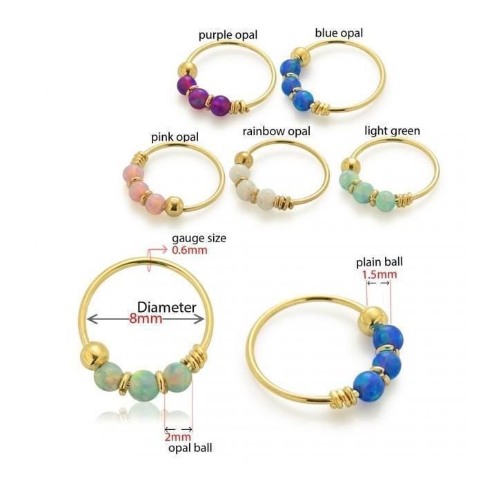 KODY PIERCING Anneau Nez KODY PIERCING Or Jaune 14 Carats - 3 Opales Violet - Diamètre 8 mm 22G - Bijou Nez Femme Raffin