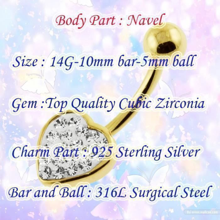 KODY PIERCING Nombril Cœur Zircon Cubique Plaqué Or Jaune 14 Gauge - Douceur Romantique et Éclat Intemporel