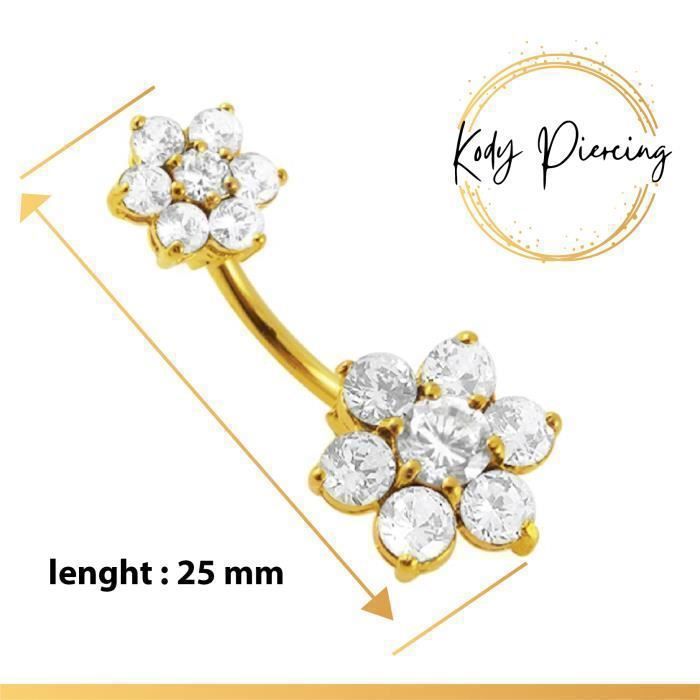 KODY PIERCING Piercing Nombril Double Fleur Cristal Plaqué Or 18 Carats Tige 10 mm - Douceur Romantique et Éclat Intempo