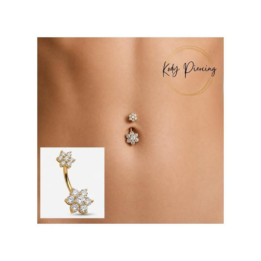 KODY PIERCING Piercing Nombril Double Fleur Cristal Plaqué Or 18 Carats Tige 10 mm - Douceur Romantique et Éclat Intempo