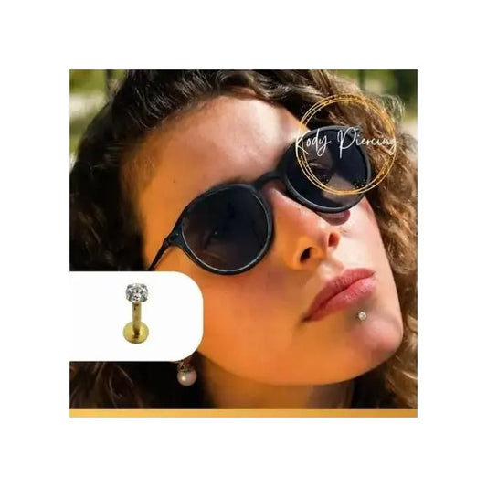 KODY PIERCING Piercing Labret Lèvres - Or Jaune Creux 14 Carats - Zircon Cubique 2 mm serti 4 griffes - Taille 10 mm - S