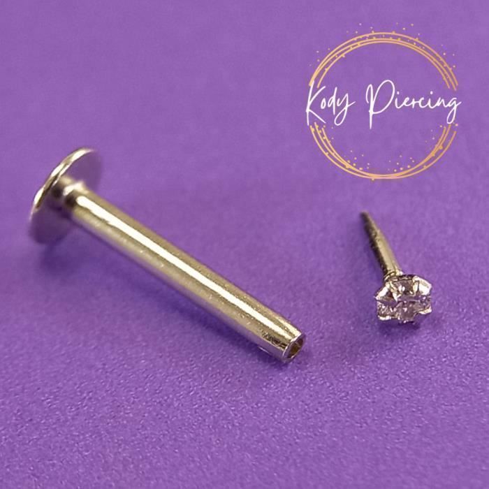 KODY PIERCING Labret Or Blanc Creux 14 Carats - Diamant de Laboratoire Serti 1,5 mm - Style Affirmé et Confort Maximal