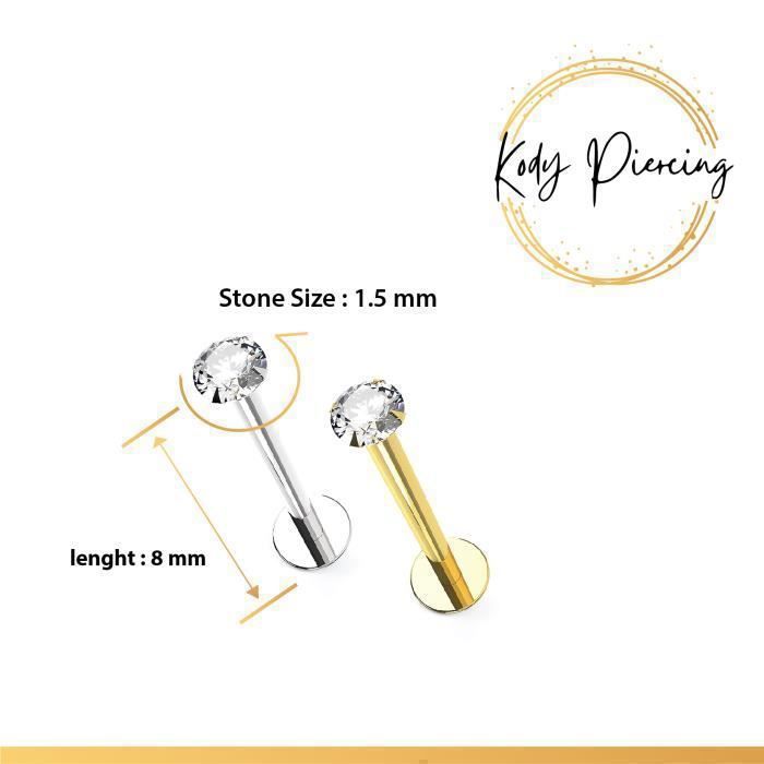 KODY PIERCING Labret Or Blanc Creux 14 Carats - Diamant de Laboratoire Serti 1,5 mm - Style Affirmé et Confort Maximal